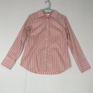 Womens J Crew Blouse Pink Green Stripe SIZE M  Slim Fit Long Sleep Cotton Casual